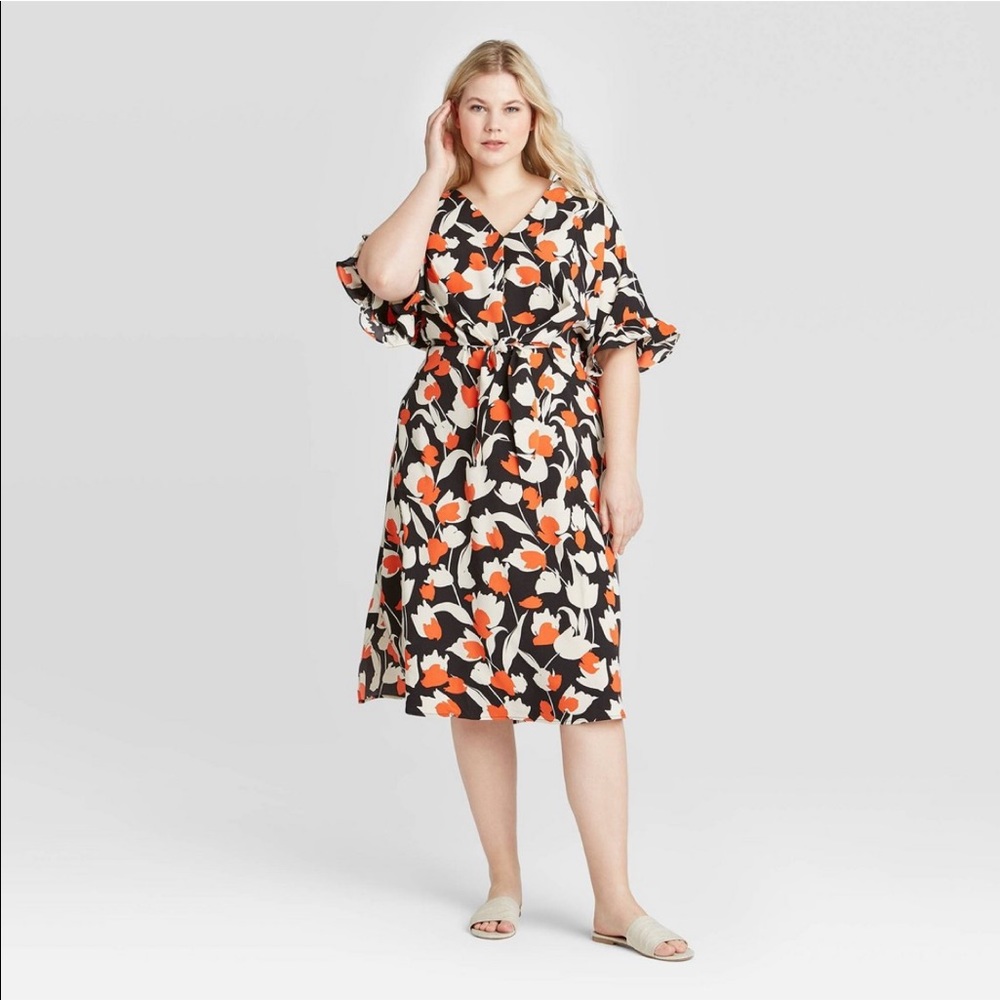 Floral print flutter elbow sleeve tie waste dress